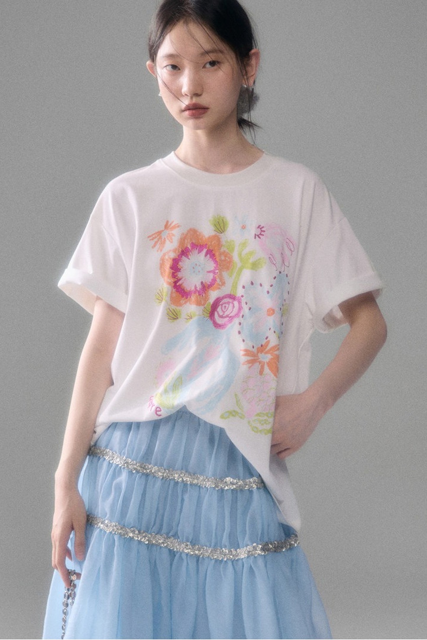 Hand-Painted Floral Bird Embroidered T-Shirt