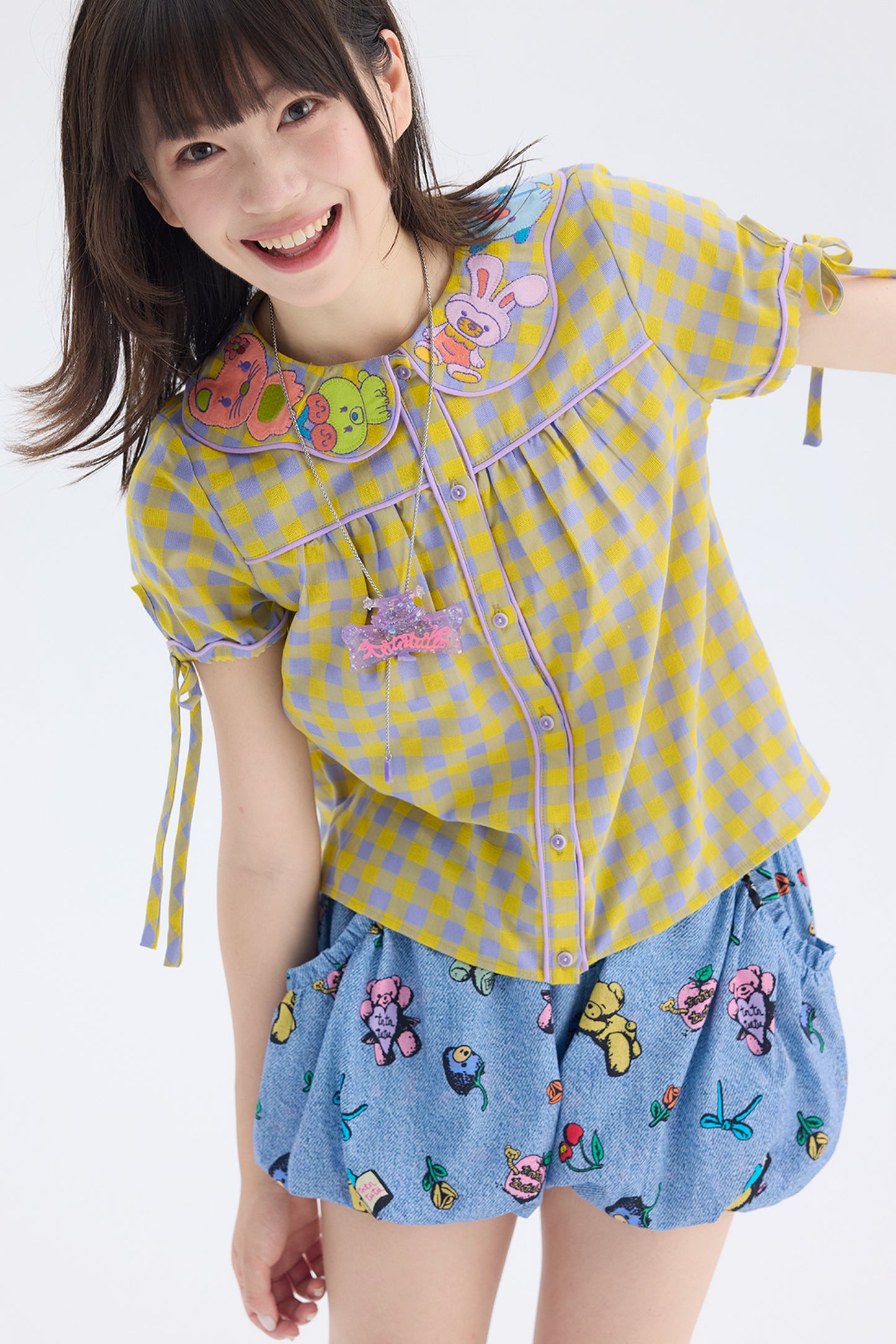 Yellow Purple Plaid Embroidered Doll Collar Shirt