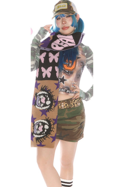 Comic Eye Knitted Long Scarf Set-Up