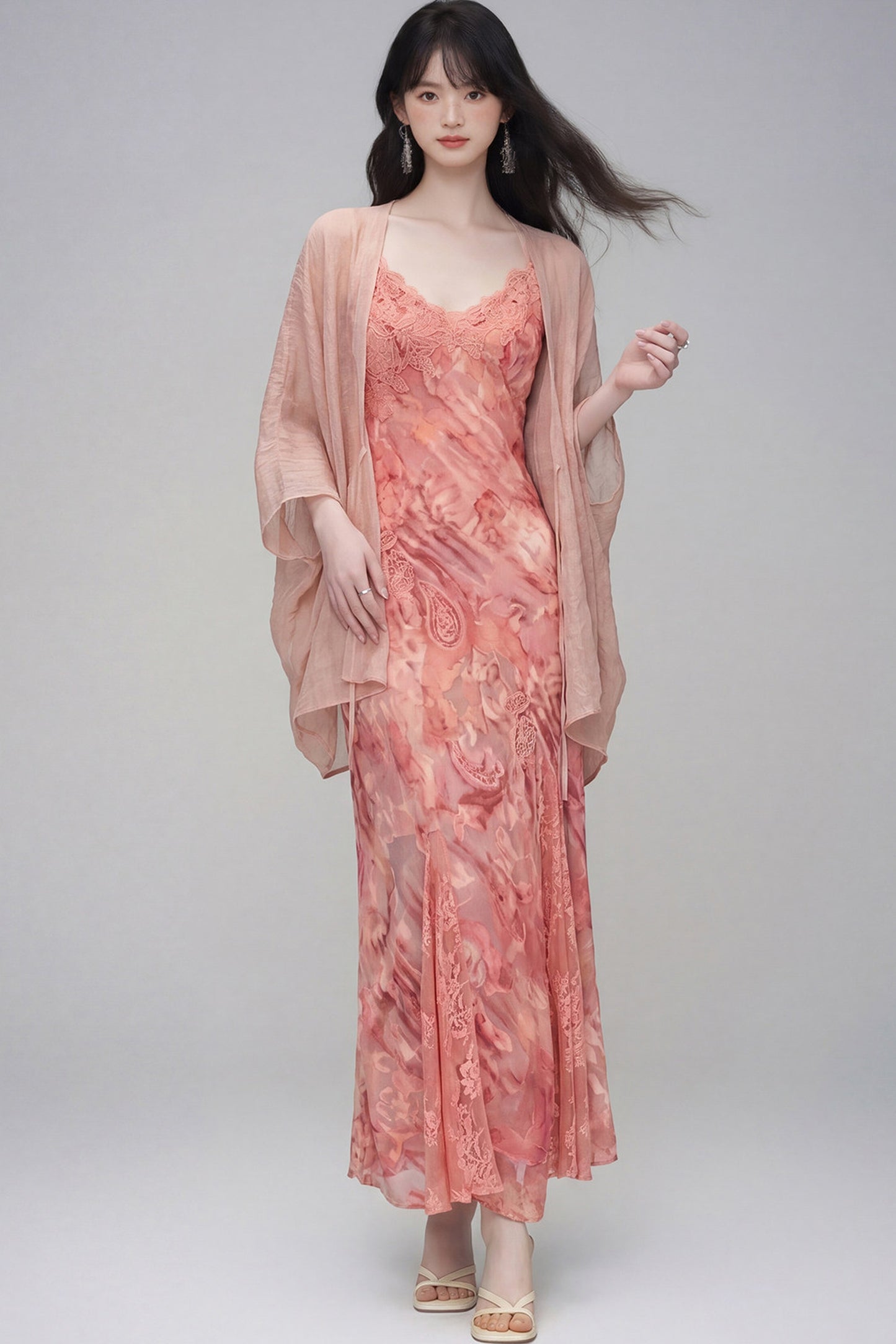 Floral Lace Spaghetti Strap Dress and Cardigan Set-Up
