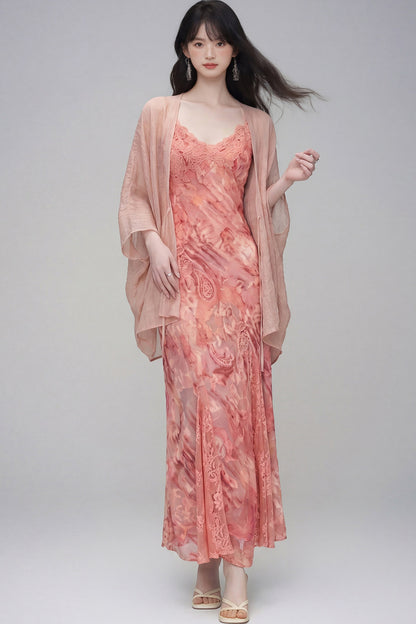 Floral Lace Spaghetti Strap Dress and Cardigan Set-Up