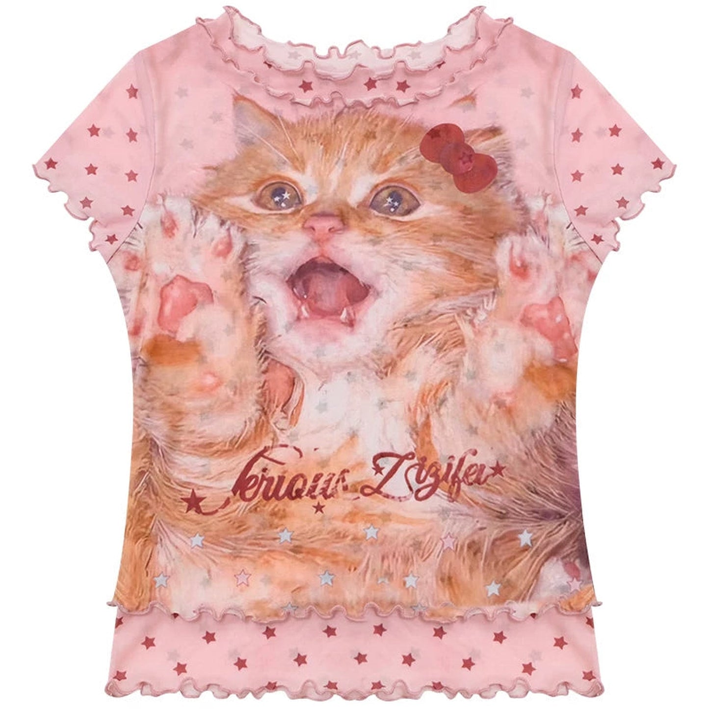Retro Pink Cat Star Mesh T-Shirt