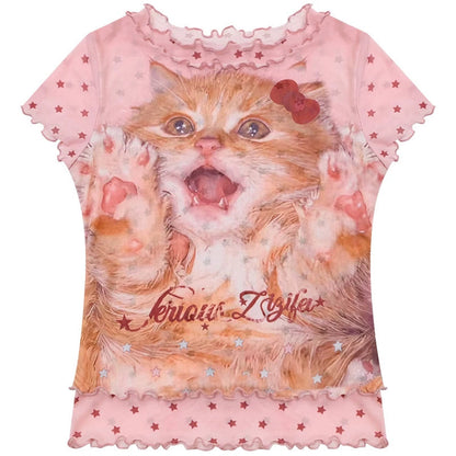 Retro Pink Cat Star Mesh T-Shirt