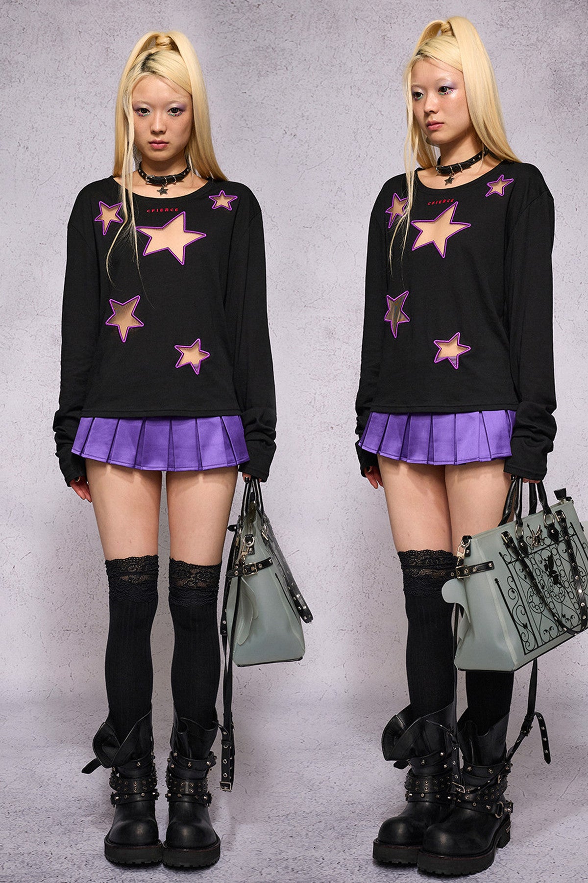 Star Hollow Mesh Embroidery Long-Sleeved Top