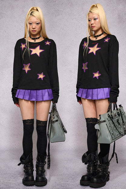 Star Hollow Mesh Embroidery Long-Sleeved Top