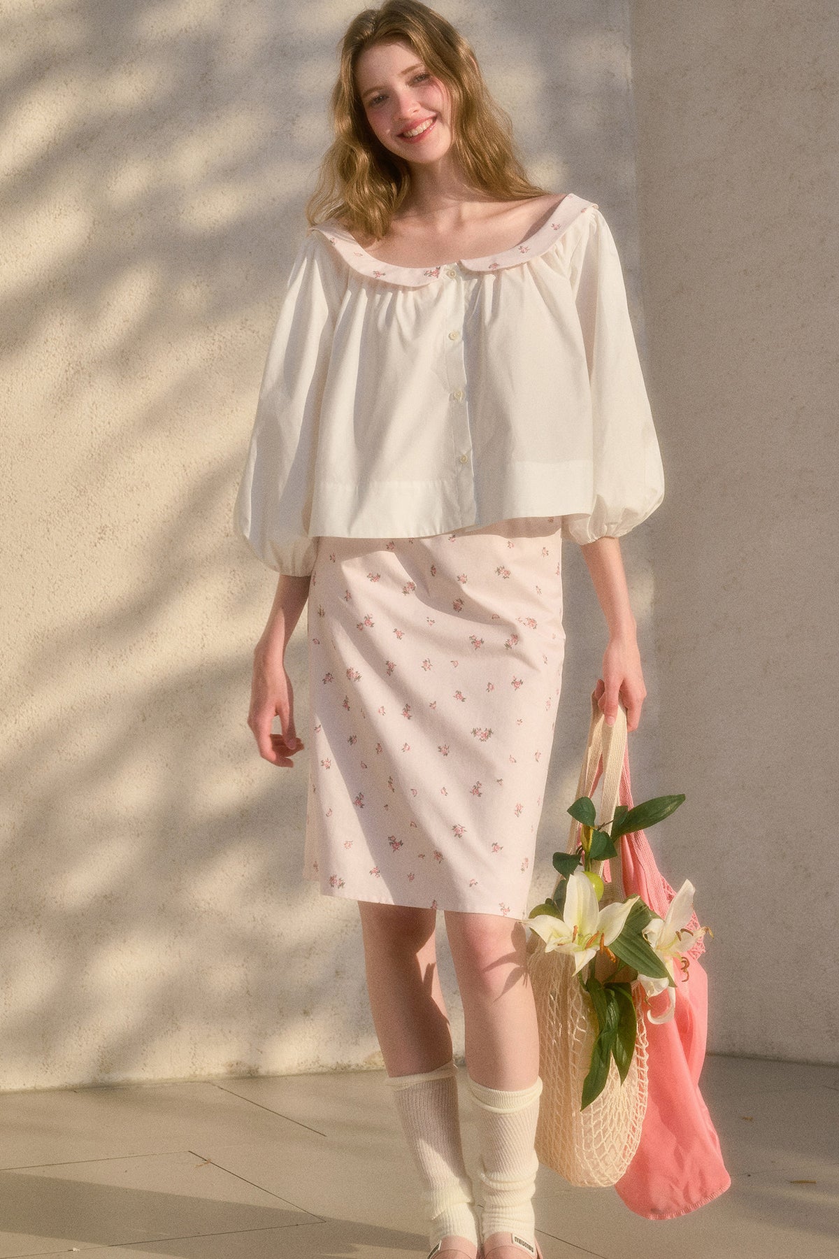 Floral Puff Sleeve Shirt and Skirt Set-Up