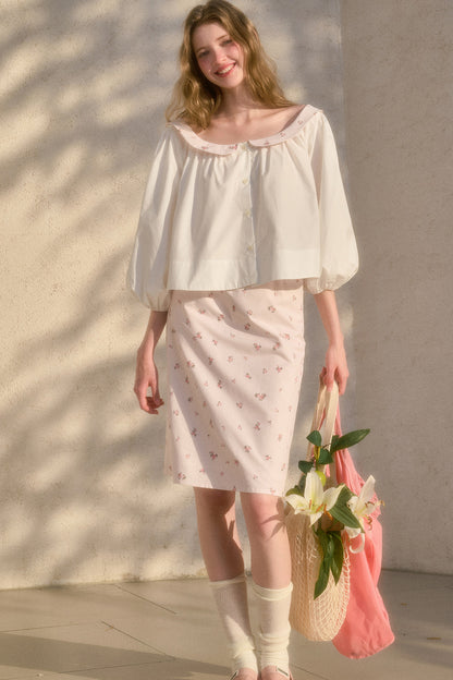 Floral Puff Sleeve Shirt and Skirt Set-Up