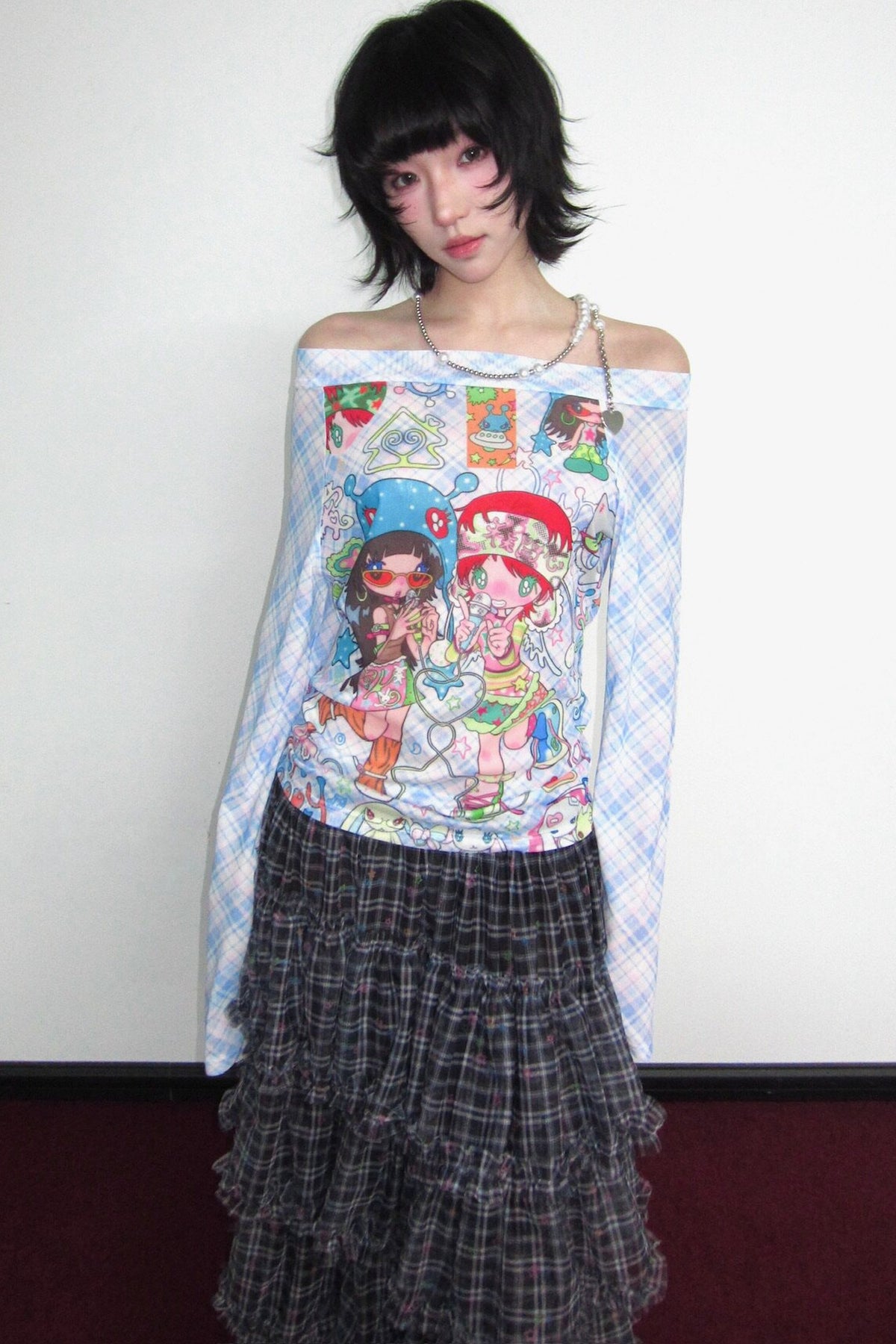 T-shirt a maniche lunghe in mesh elasticizzato a quadri