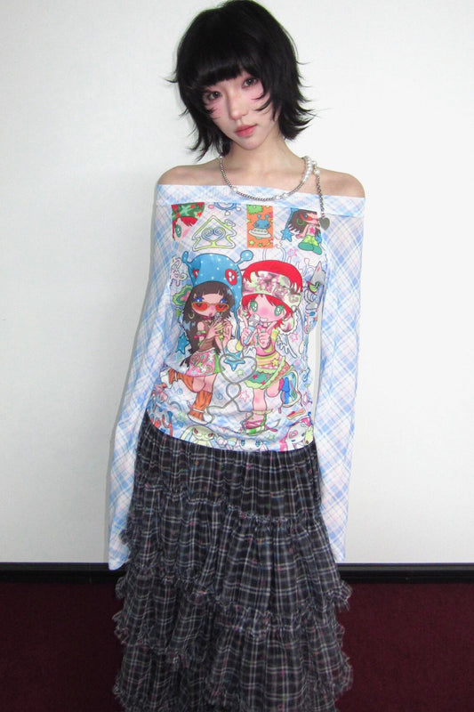 T-shirt a maniche lunghe in mesh elasticizzato a quadri