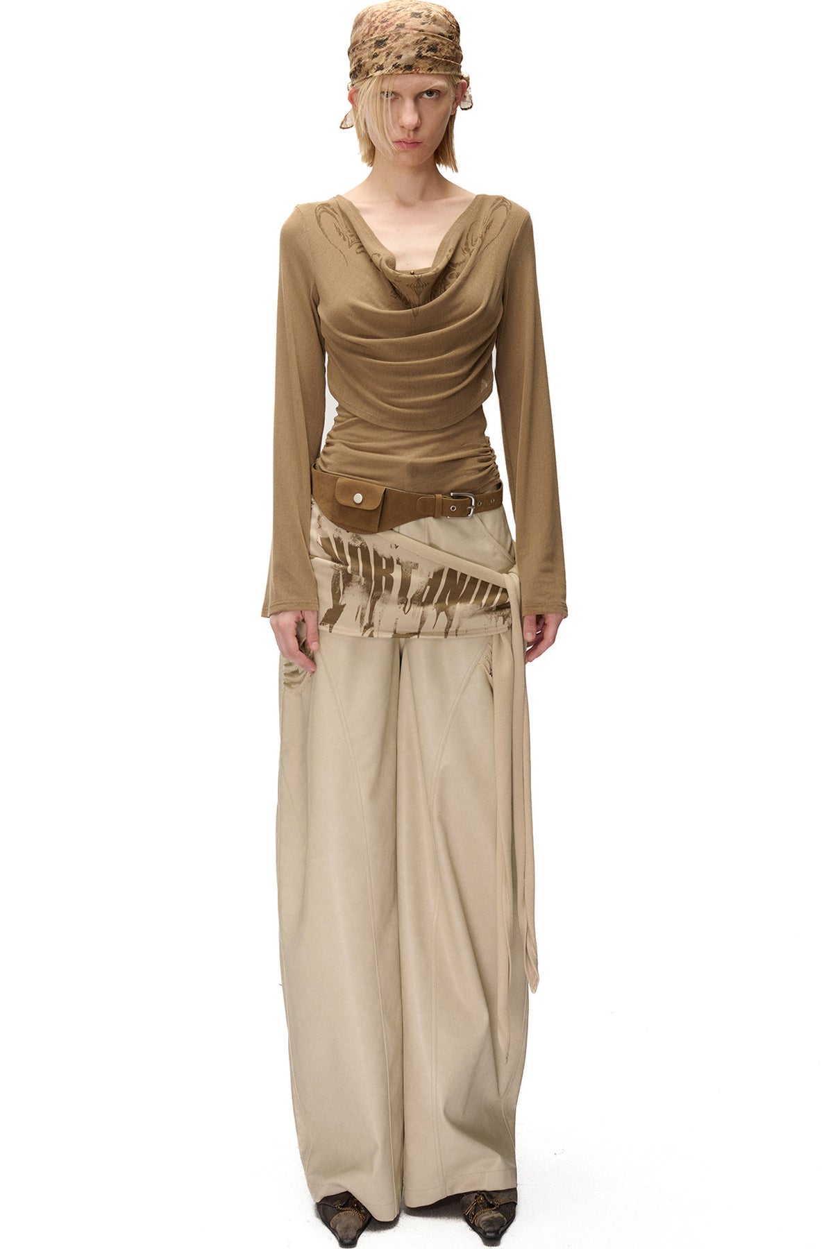 Printed Drape Neck Long-Sleeve T-Shirt