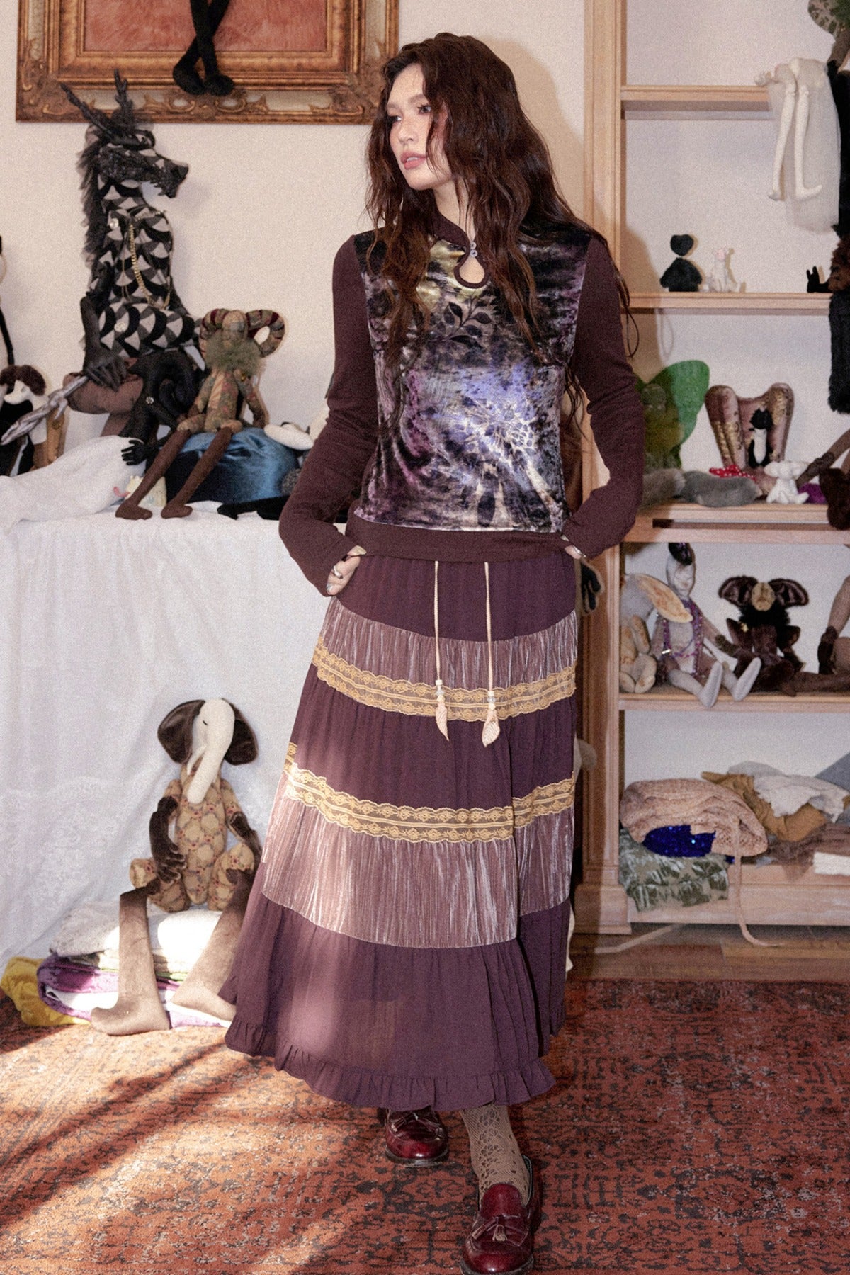 Crinkled Velvet Floral A-Line Skirt