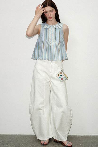 Blue Striped Doll Collar Lace Trim Tank Top