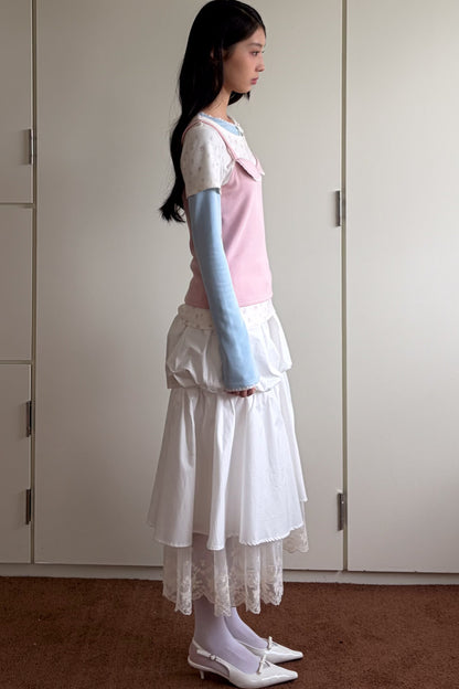 White Lace Trim Puffy Mid-Length Skirt