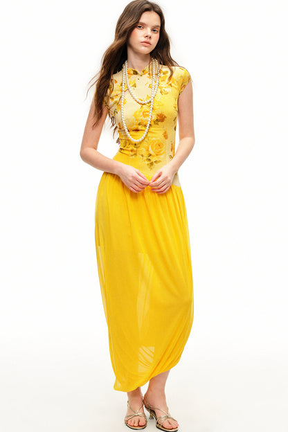 Yellow Rose Print Mesh Qipao Long Dress