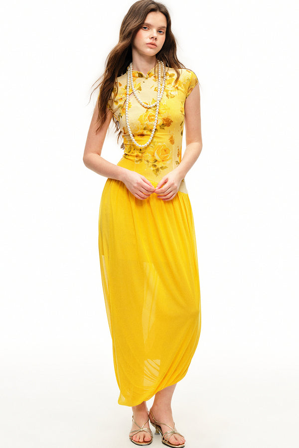 Yellow Rose Print Mesh Qipao Long Dress