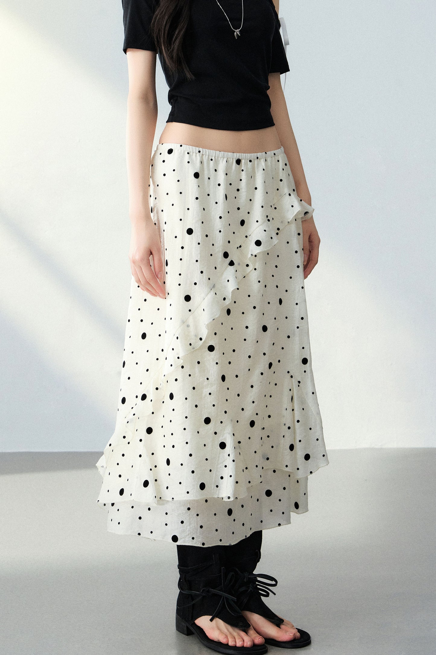 Flocked Polka Dot Ruffled A-Line Skirt and Top Set-Up