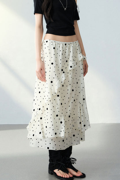 Flocked Polka Dot Ruffled A-Line Skirt and Top Set-Up