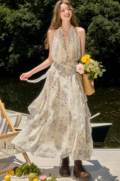 Floral Ruffle Sleeveless V-Neck Dress