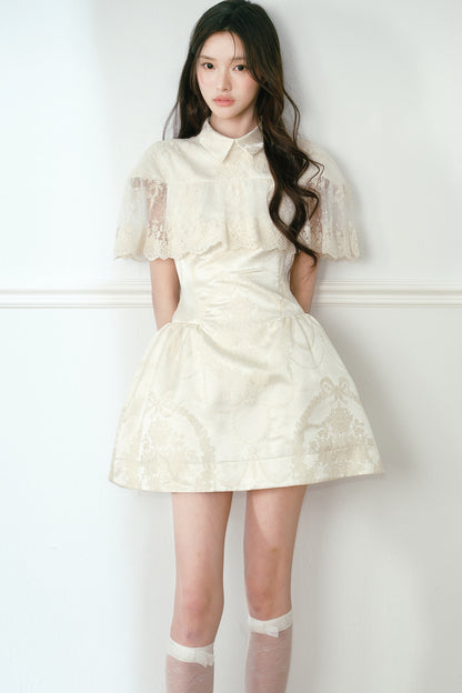 Champagne Satin Jacquard Cape-Style Puffy Dress