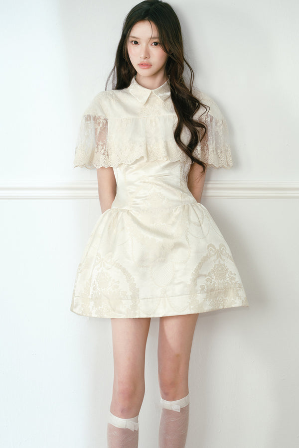 Champagne Satin Jacquard Cape-Style Puffy Dress