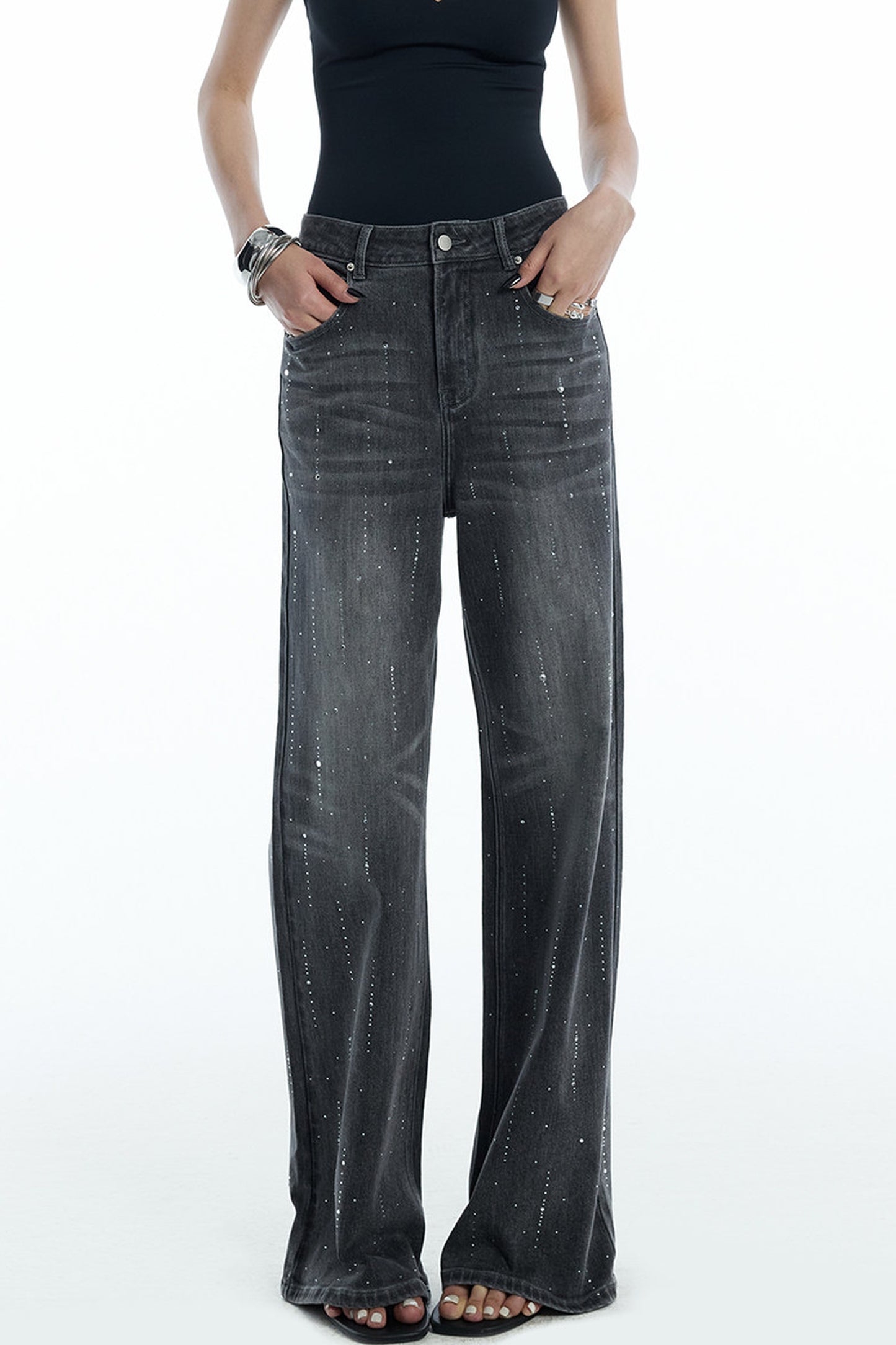 Scattered Rhinestone Wide-Leg Jeans