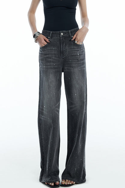 Scattered Rhinestone Wide-Leg Jeans