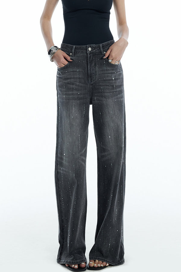 Scattered Rhinestone Wide-Leg Jeans