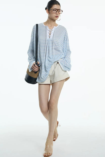 Navy Blue Tie-Neck Lyocell Top