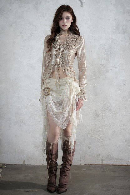 Ruffle Trim Tie Waist Long-Sleeved Blouse