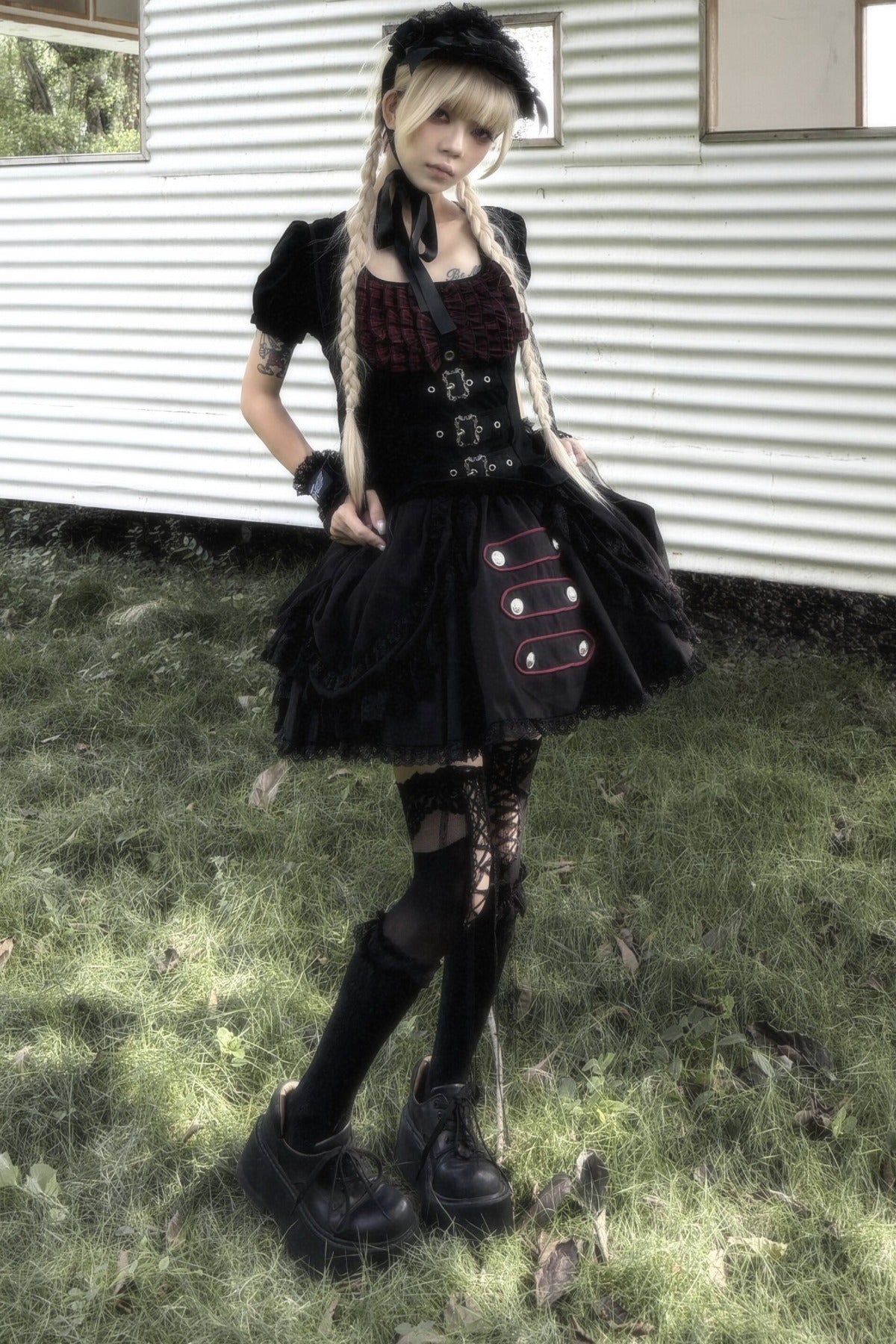 Plaid Puff Sleeve Knit Top and Mesh Cake Skirt Set-Up