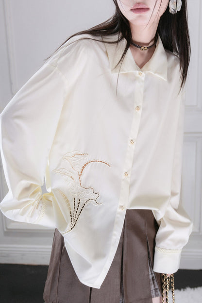 Hollow Out Floral Embroidered Modal Shirt