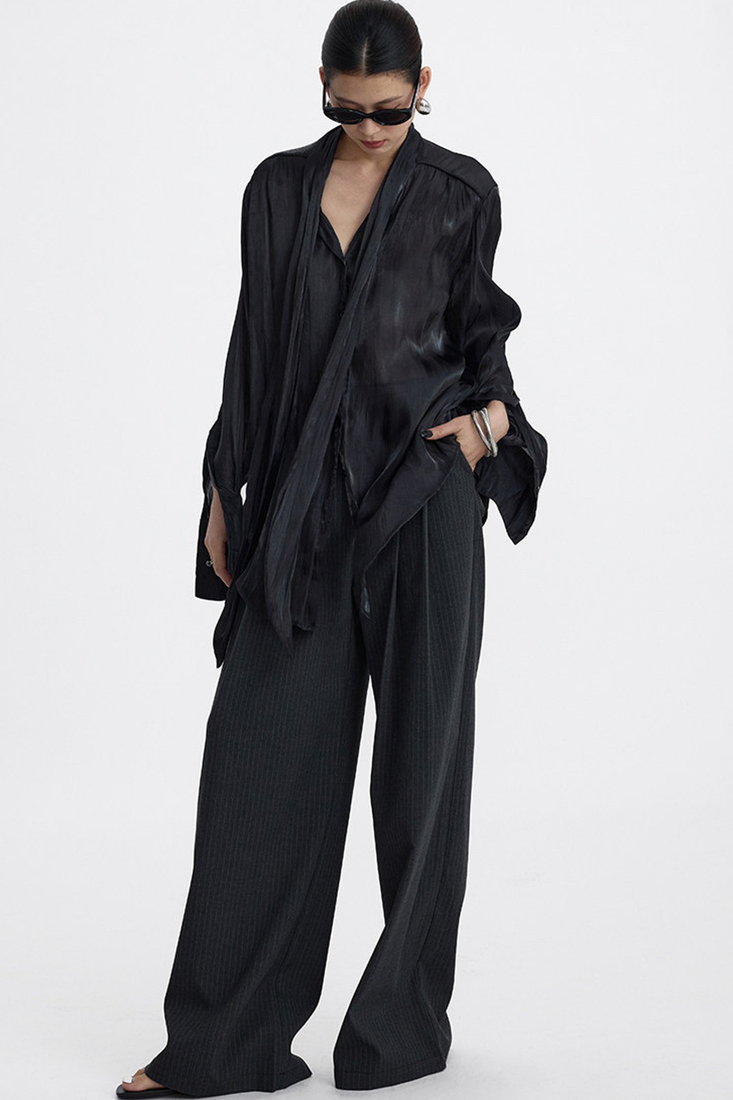 Pleated Tie Neck Shirt