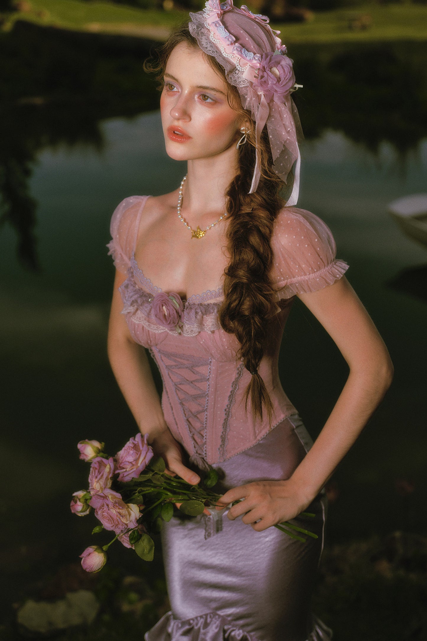 Purple Floral Fishbone Corset Camisole and Satin Skirt Set-Up