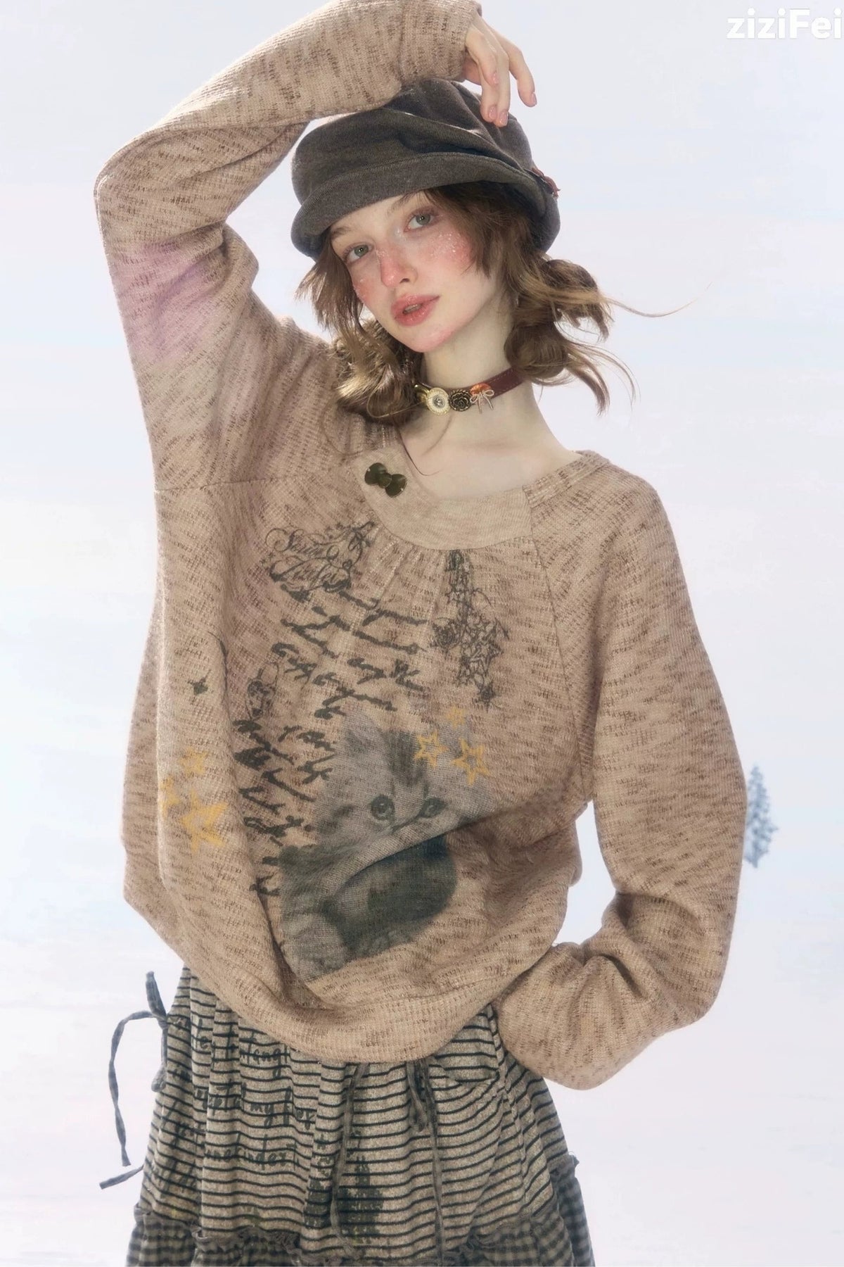 Sweatshirt mit Distressed-Katzenprint