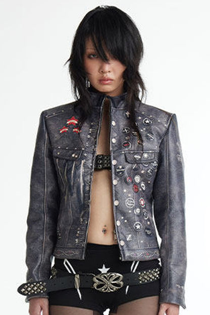 Distressed Punk Biker Leather Jacket