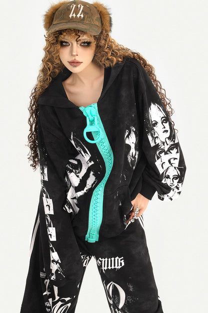 Loose Zip Hoodie Jacket and Sweatpants Set-Up