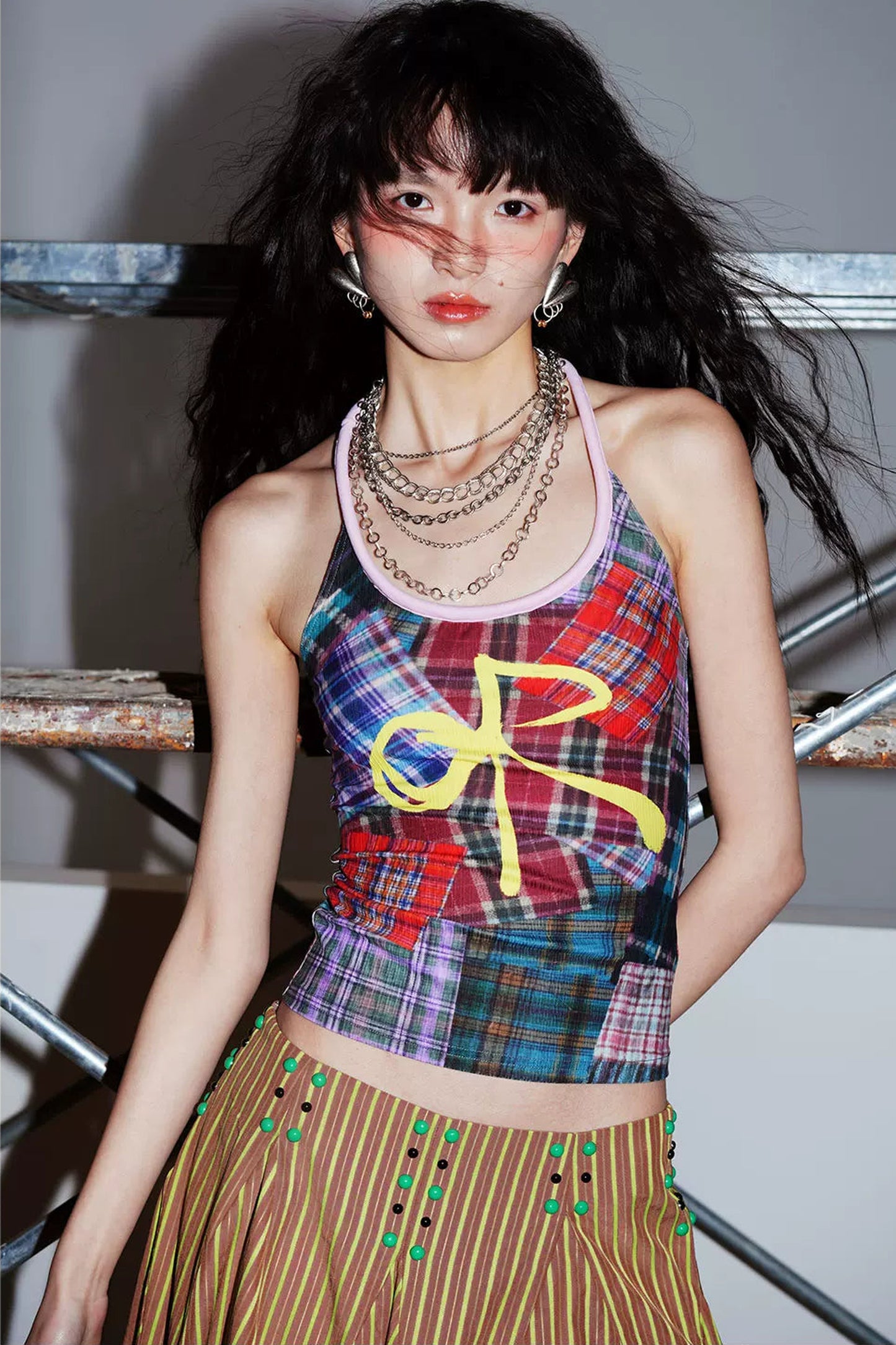Color-Block Plaid Bow Camisole