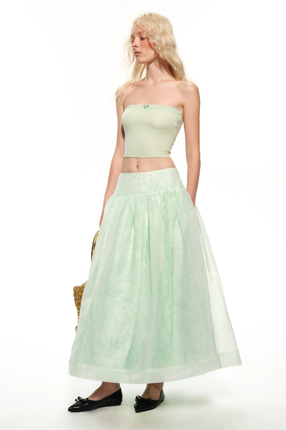 Mint Green Knitted Lace Tube Top, Pants and Skirt Set-Up