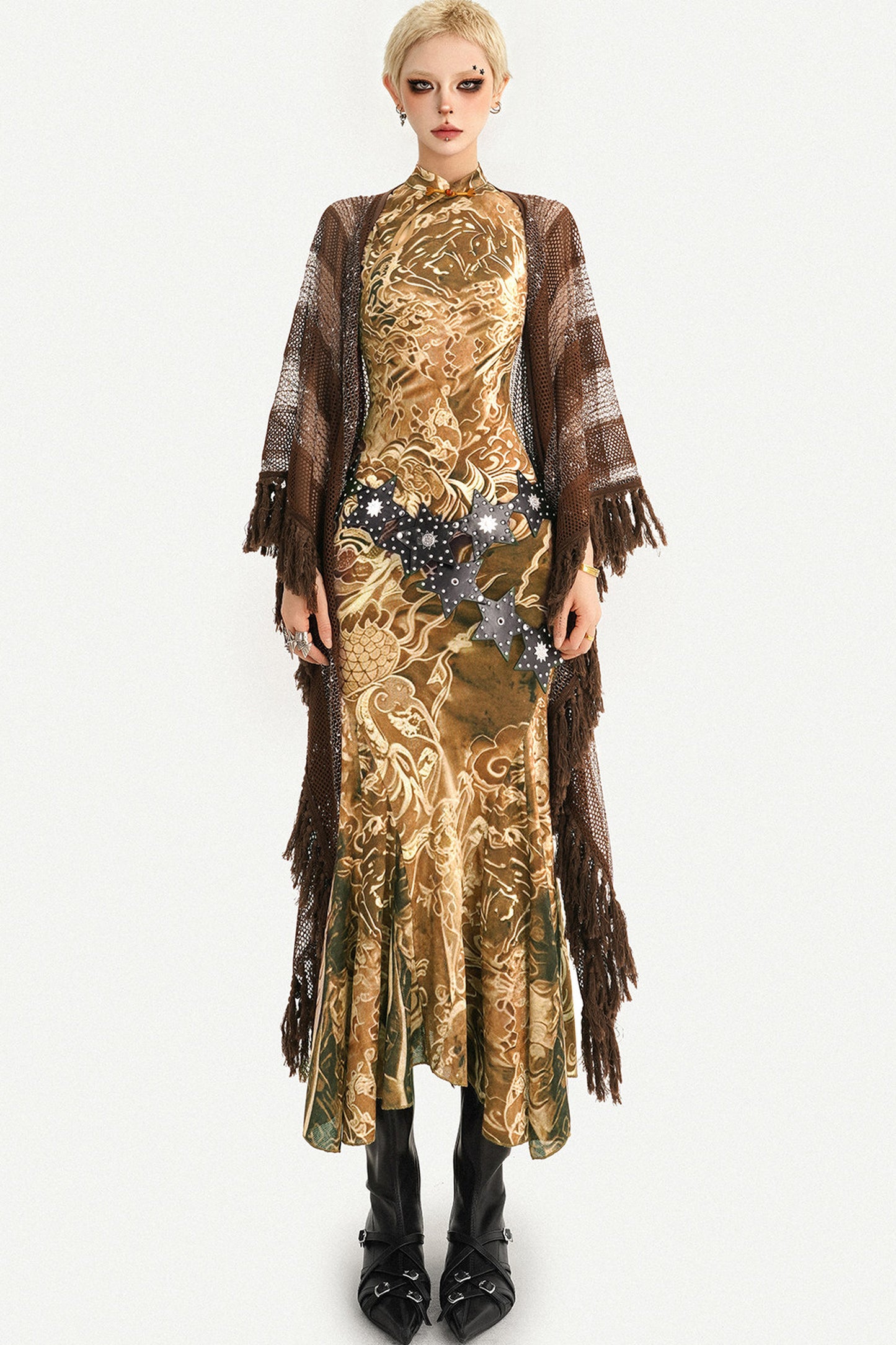 Long Brown Tassel Mesh Cardigan