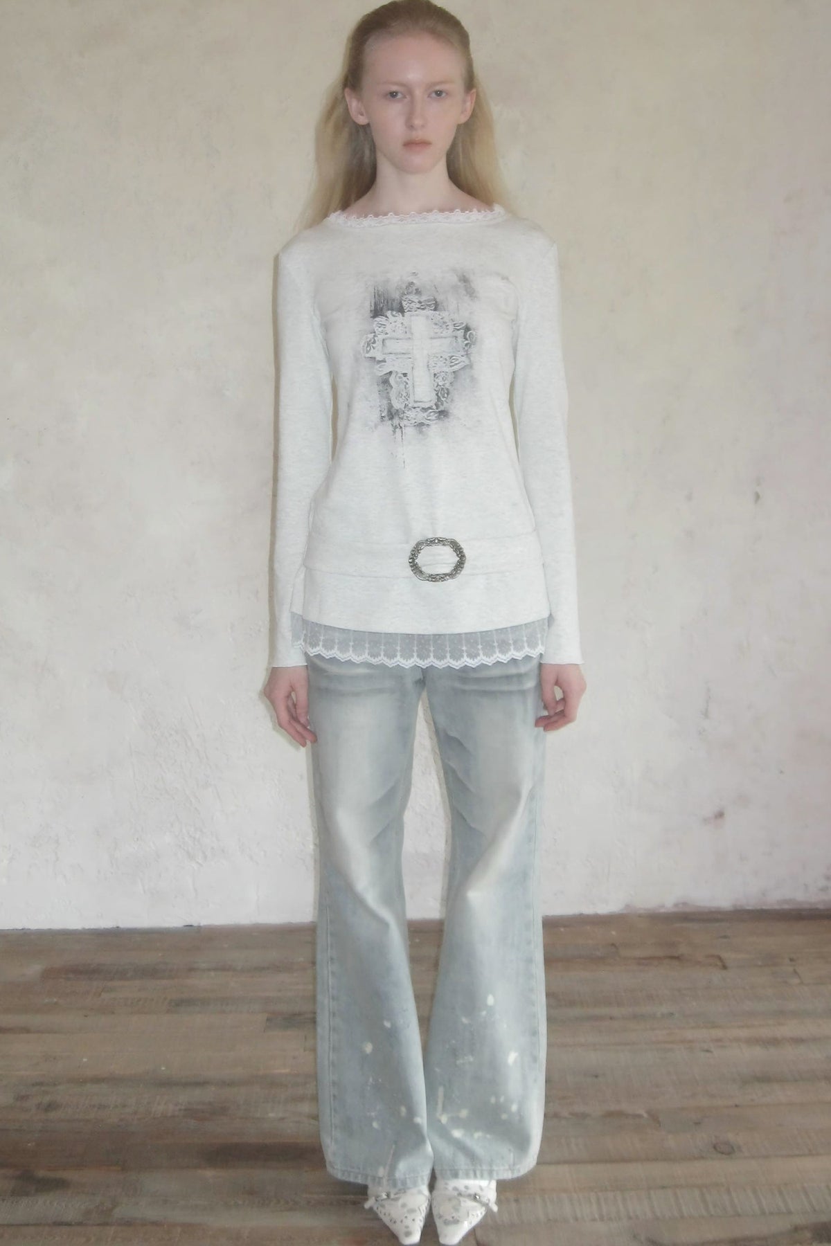 Washed Ink-Splashed Micro-Flare Jeans