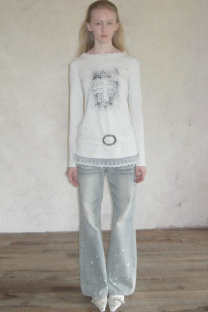 Washed Ink-Splashed Micro-Flare Jeans