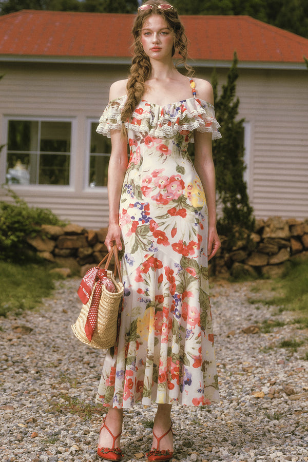 Floral Ruffled Elastic Mesh Long Dress