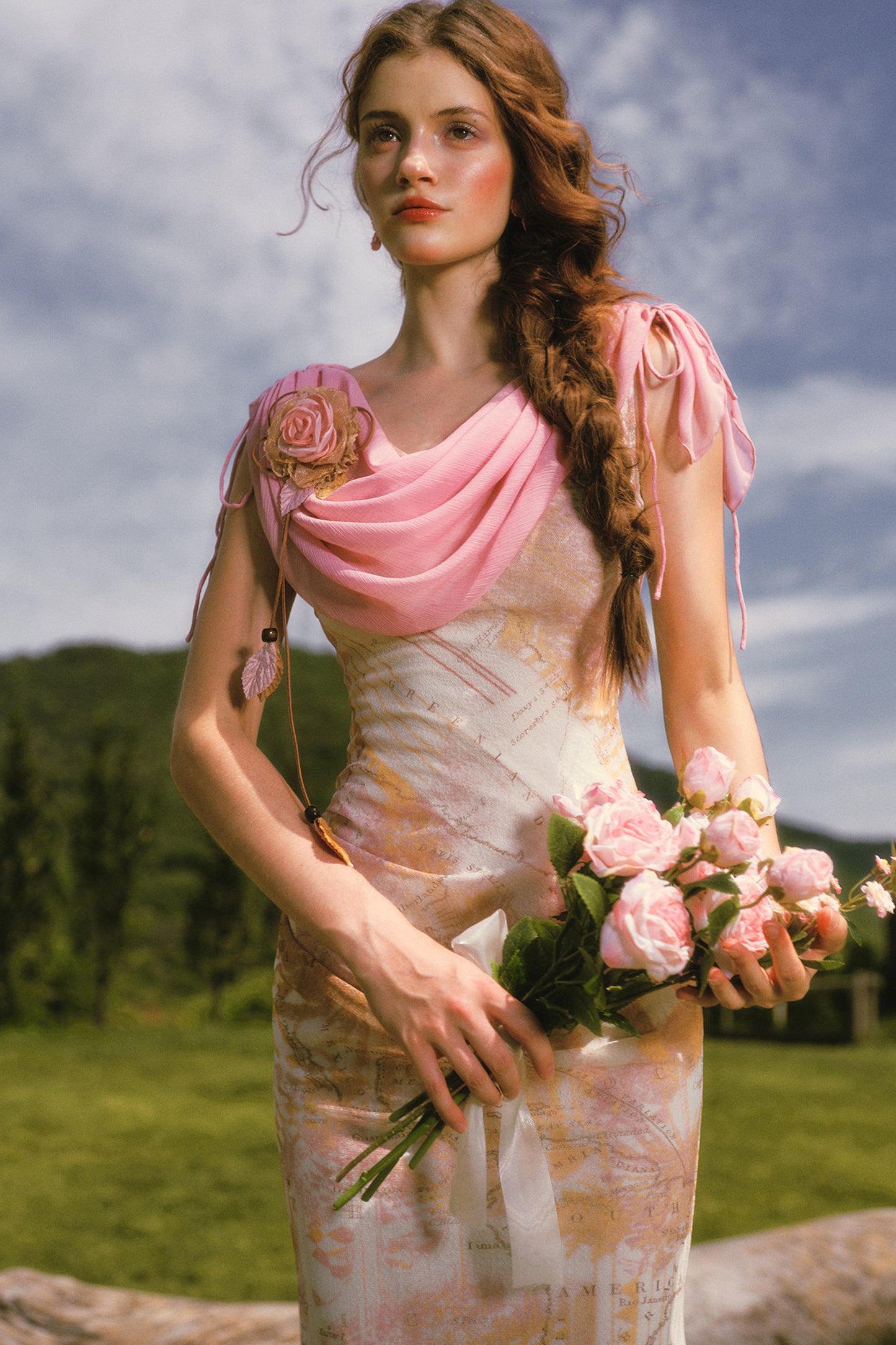 Long Floral Draped Collar Dress Set-Up
