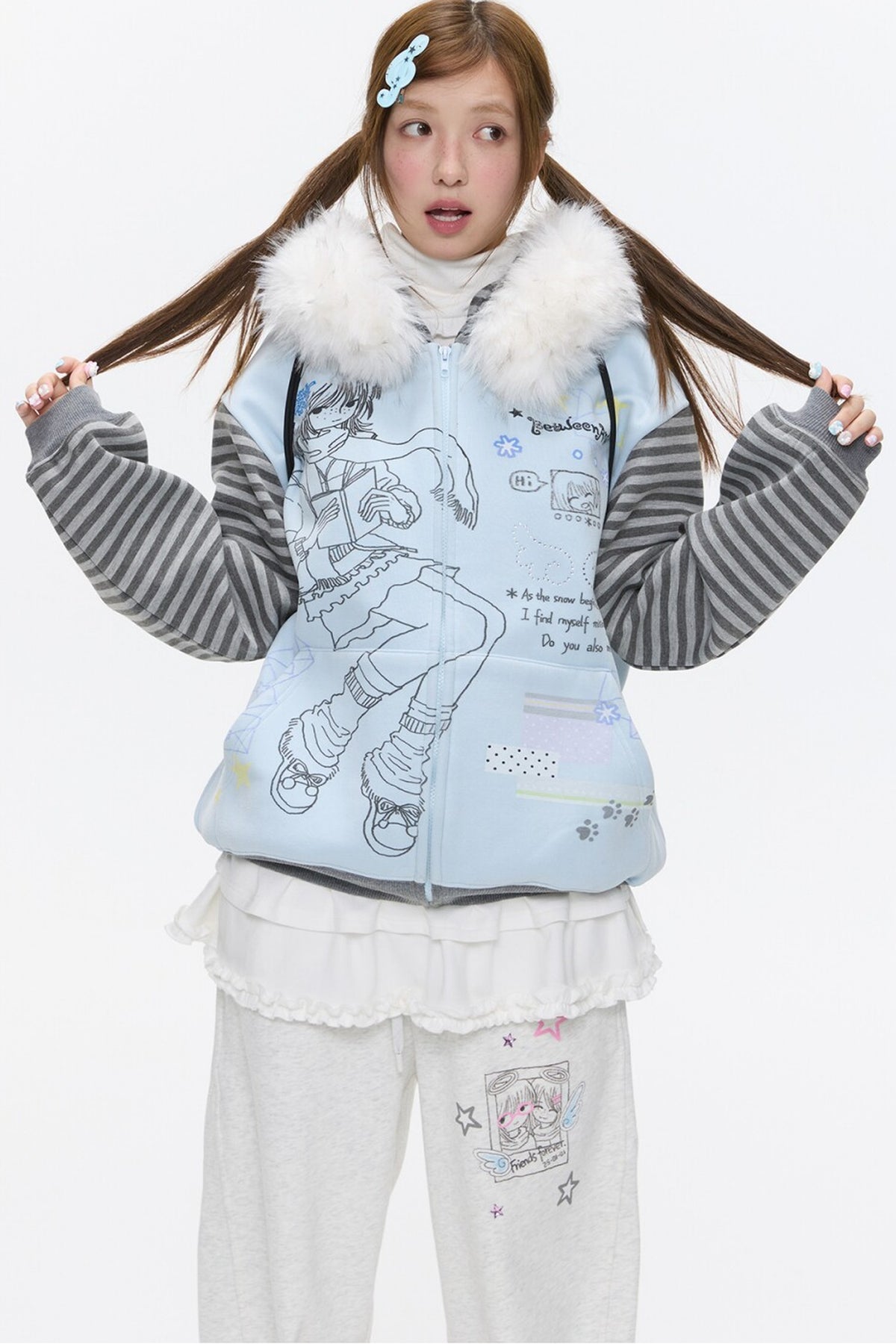 Striped Raglan Fur Collar Jacket