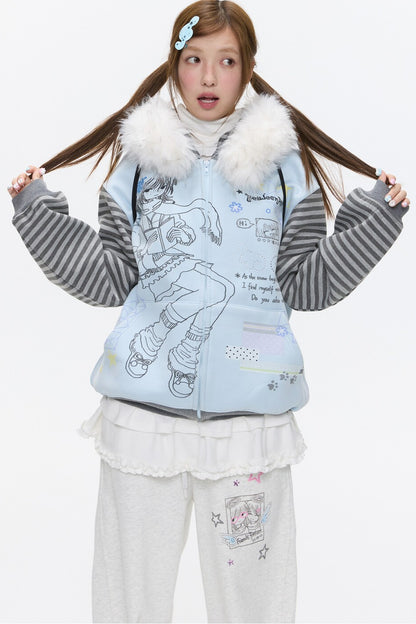 Striped Raglan Fur Collar Jacket