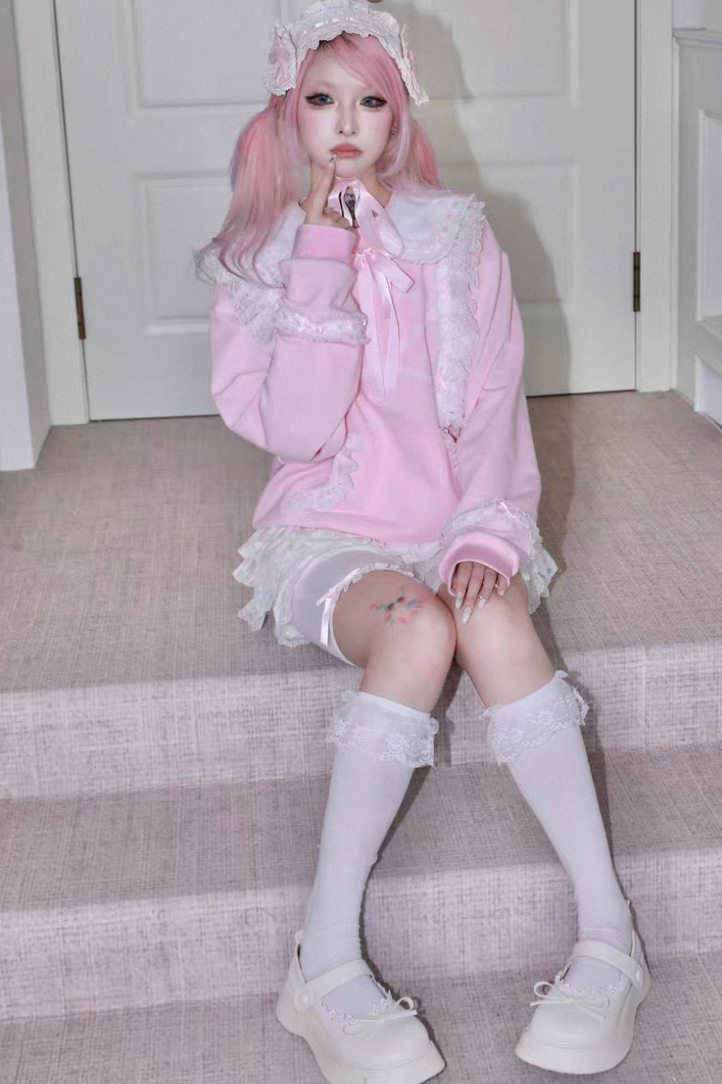Bow Lace Trim Detachable Collar Sweatshirt and Leggings Set-Up