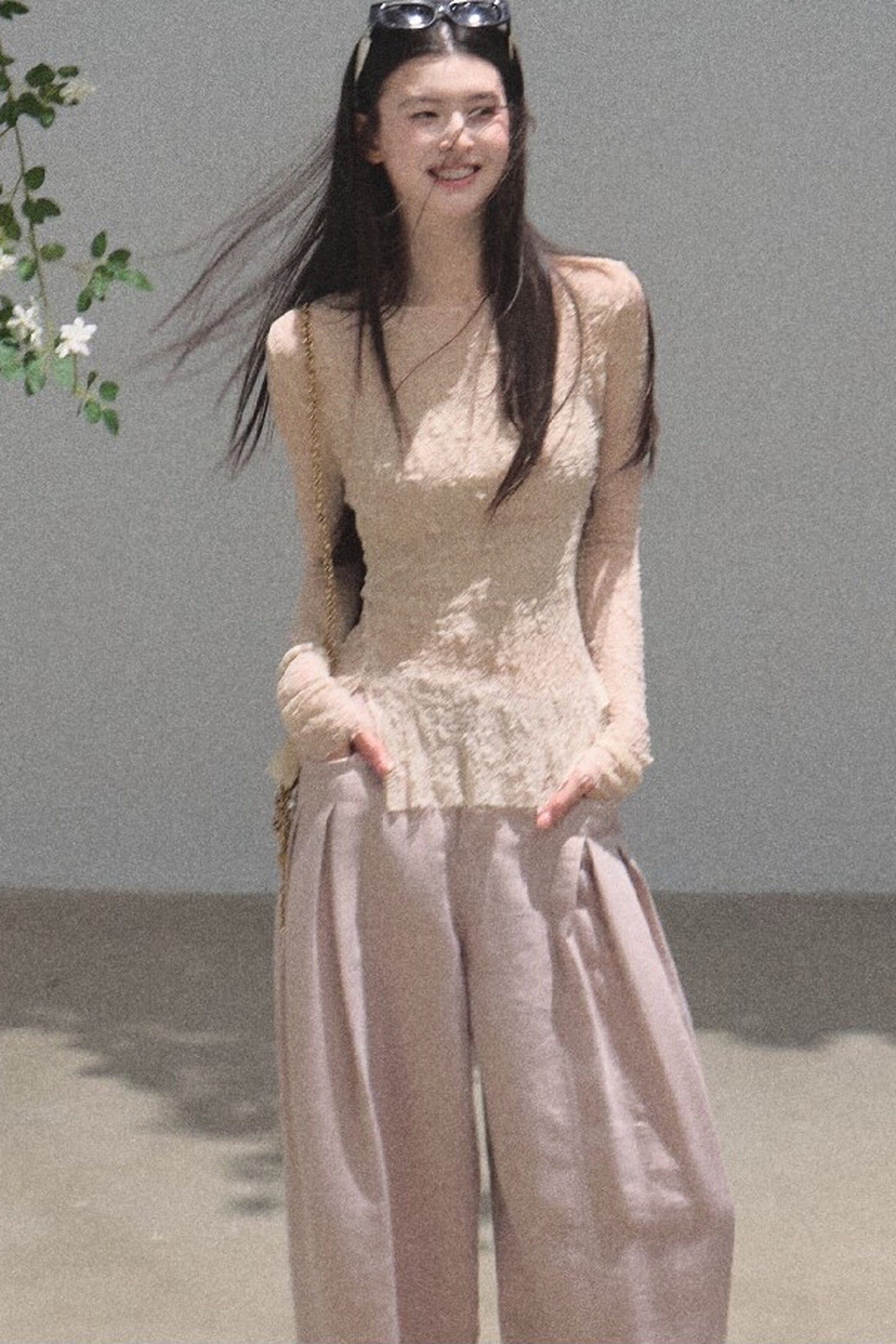 Silver Textured Knit Lace Top