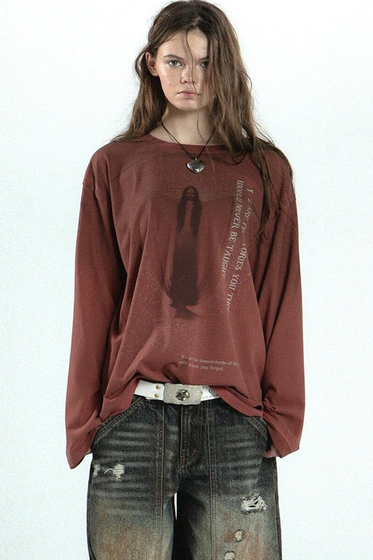 Distressed Print Long-Sleeve Blouse
