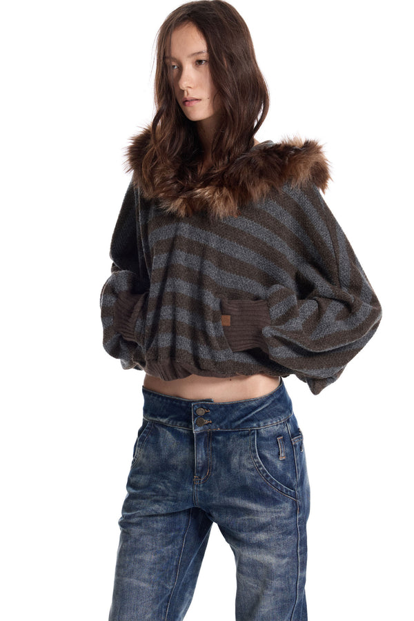 Imitation Fur Collar Striped Knit Sweater