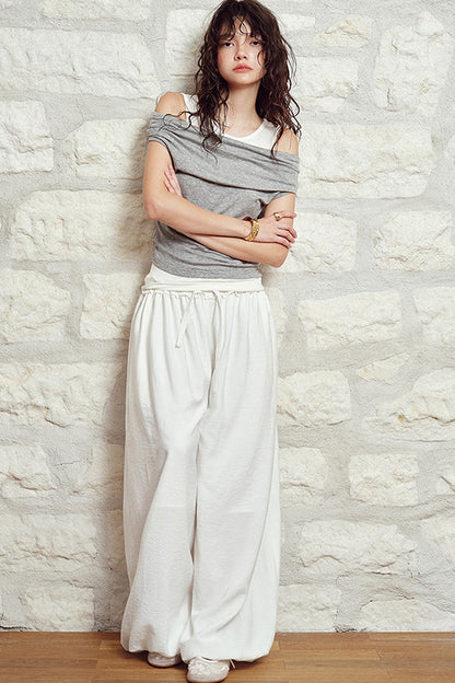 White High-Waisted Drawstring Lantern Pants